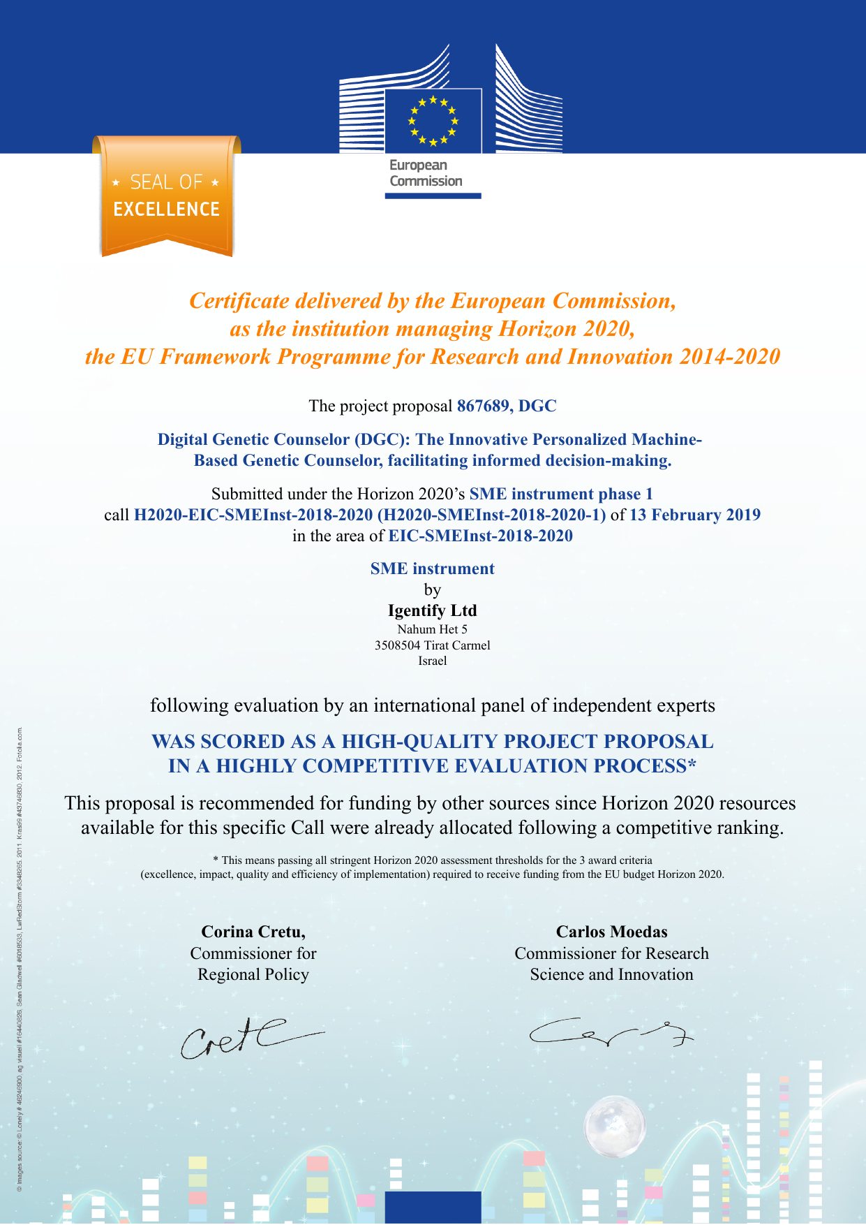 EU Seal of Excellence certificate 867689